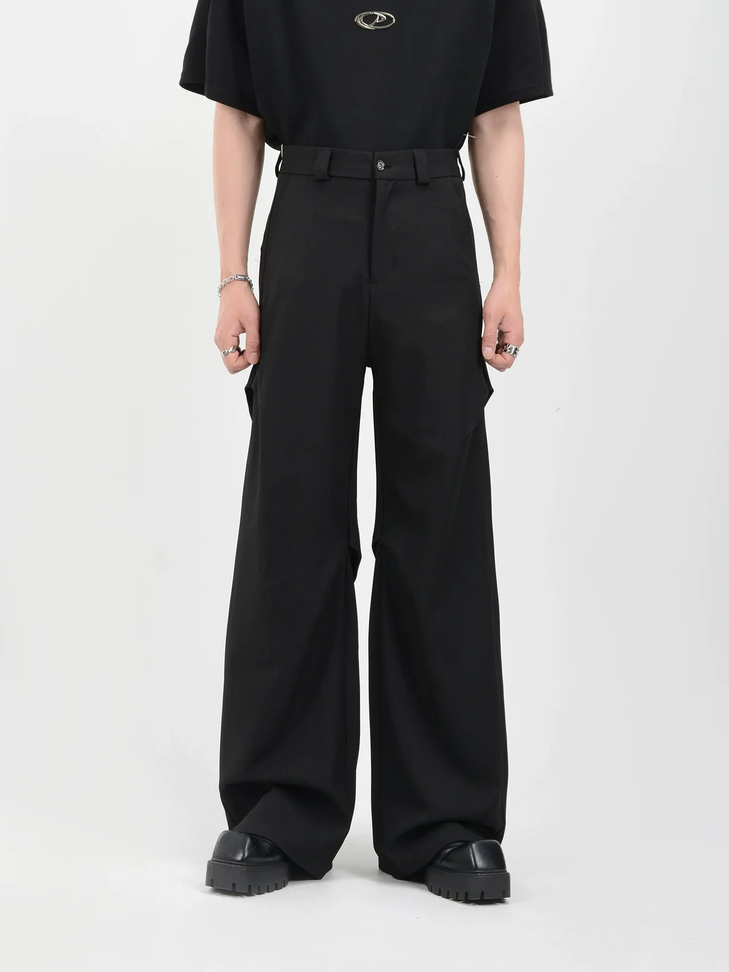 Wide Leg Belted Trousers with Pleated Detail