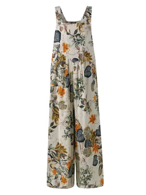 Women Floral Print Cotton Holiday Casual Wide Leg Jumpsuit