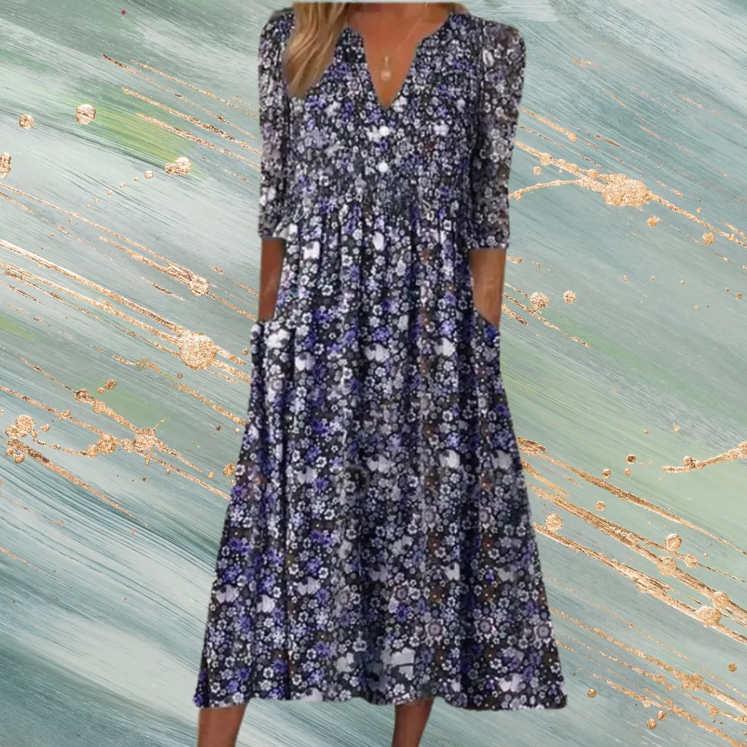 Women's Casual V Neck Short Sleeve Floral Midi Dress