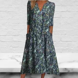 Women's Casual V Neck Short Sleeve Floral Midi Dress