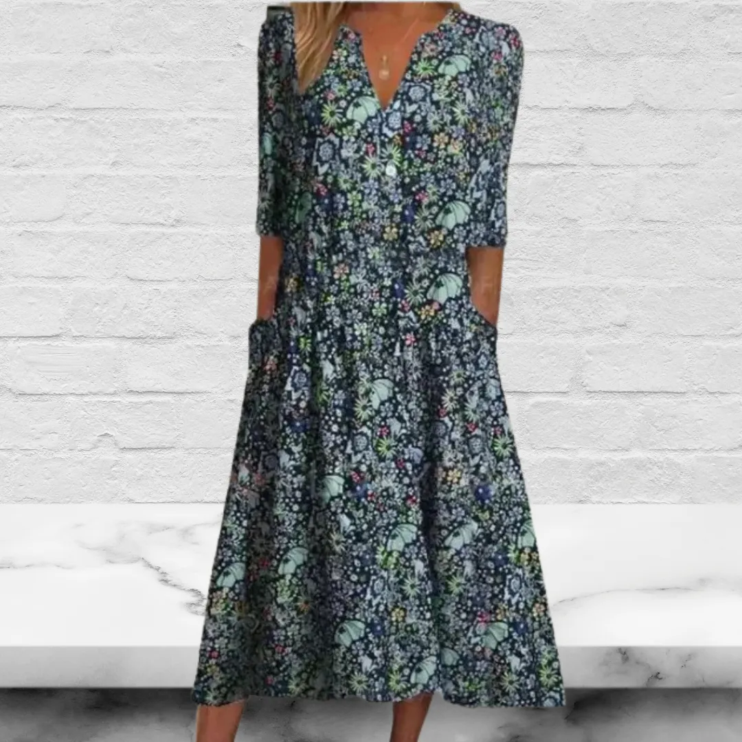 Women's Casual V Neck Short Sleeve Floral Midi Dress