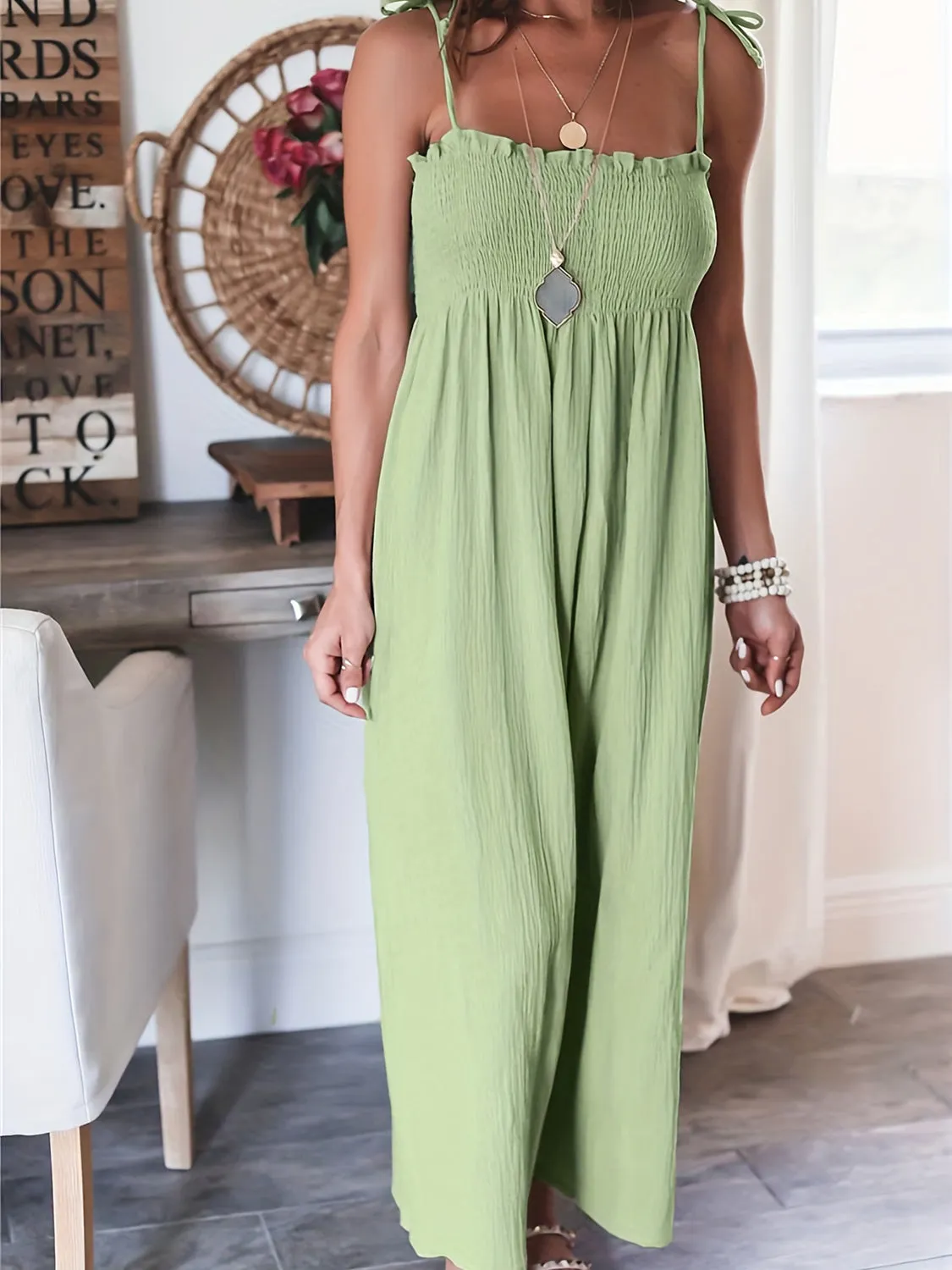 Women’s Comfy Wide Leg Smoked Jumpsuit with Draw String Sleeve | Perfect for Casual Days