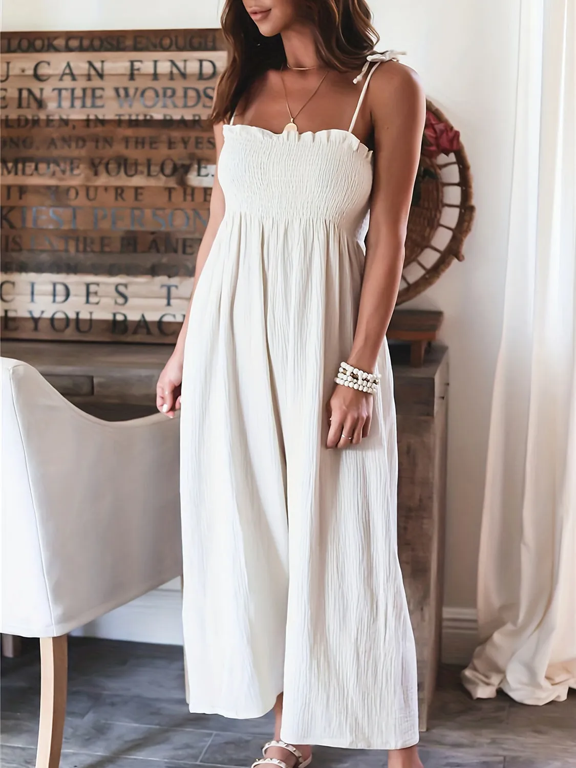 Women’s Comfy Wide Leg Smoked Jumpsuit with Draw String Sleeve | Perfect for Casual Days