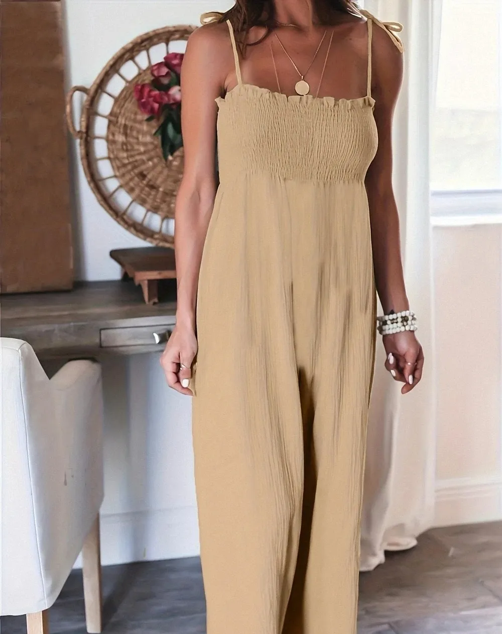 Women’s Comfy Wide Leg Smoked Jumpsuit with Draw String Sleeve | Perfect for Casual Days