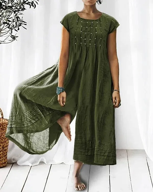 Women's Loose Wide-Leg Short Sleeve Linen One-Piece Jumpsuit with Pleated Sleeves | Ideal for Spring/Summer