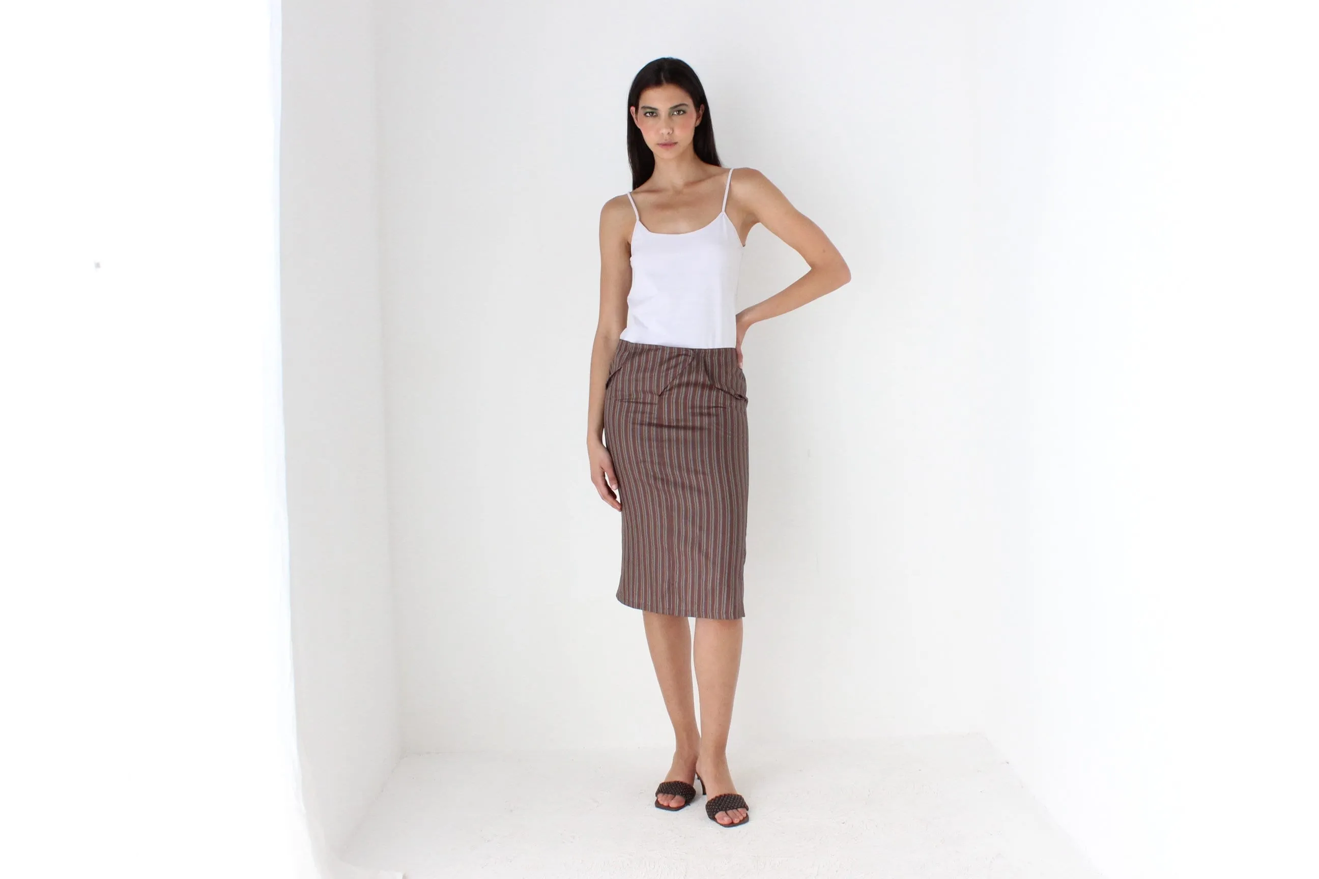 Y2K Striped Pure Silk Low Rise Knee Skirt by Blunauta