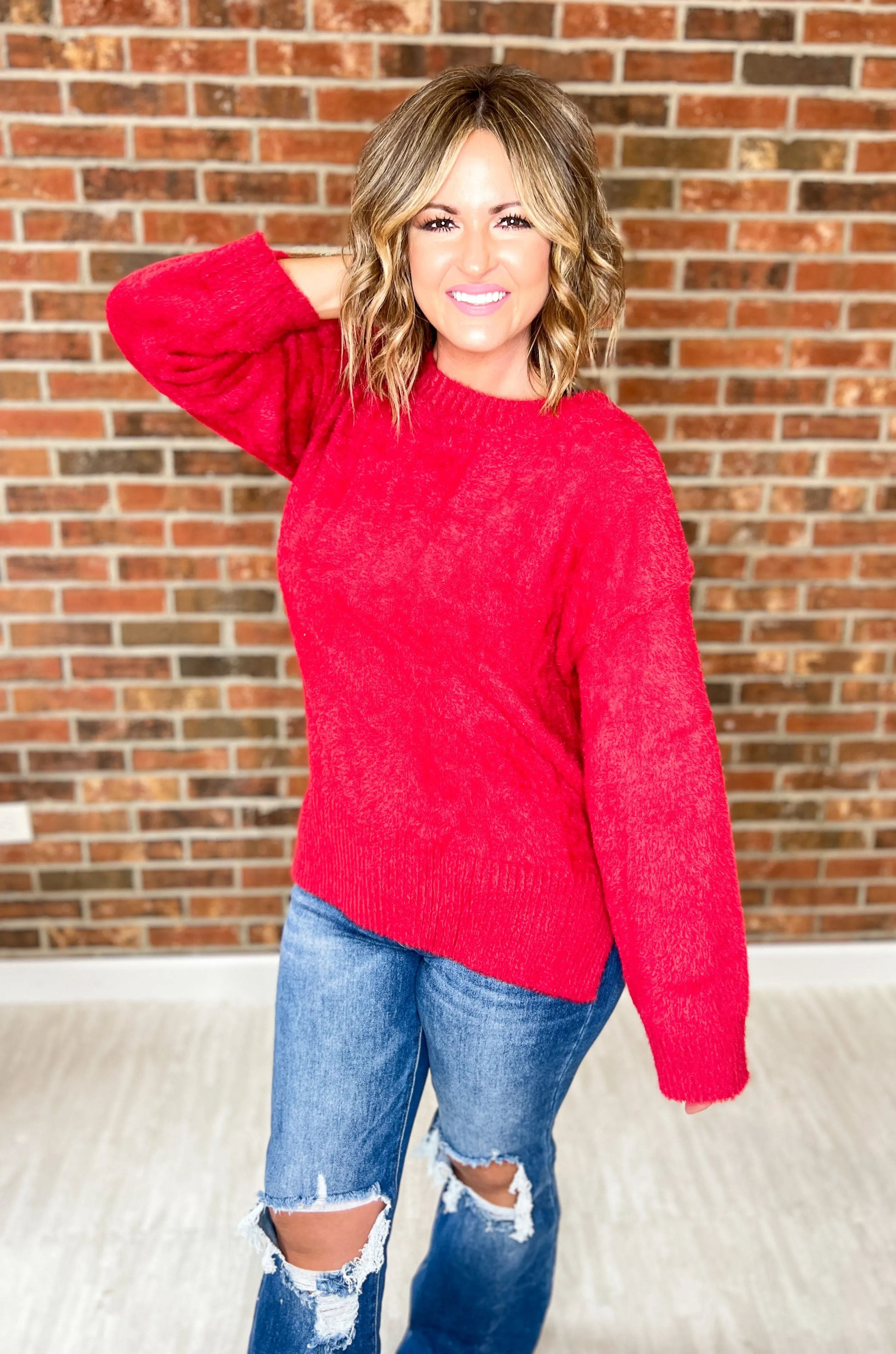 Yule Love It Fuzzy Sweater - Red